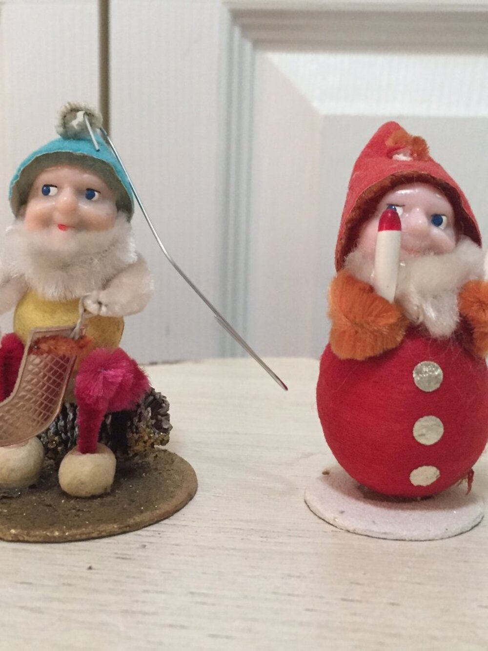 2 Putz Elf Gnome Pinecone Christmas Spun Cotton Japan Ornaments Vintage Mushroom